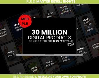 May include: Image promoting digital products with master resell rights. The central graphic states "30 MILLION DIGITAL PRODUCTS TO USE & RESELL FOR 100% PROFITS." Surrounding graphics showcase various digital product categories like social media templates and fitness videos.