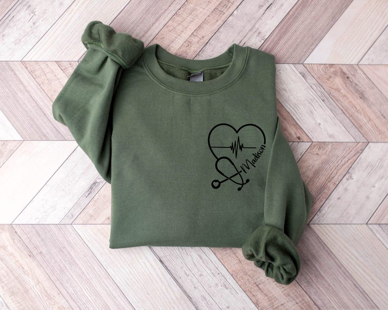 Custom Nurse Sweatshirt, Personalized Sweater, Nurse Pocket Sweatshirt, Nurse Life Hoodie, Nurse Sweatshirt, Custom Nurse Gift Military Green