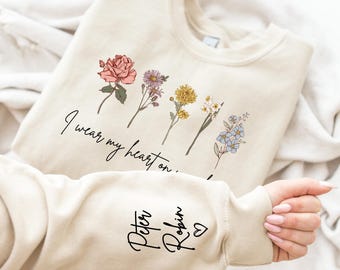 I Wear My Heart On My Sleeve Sweatshirt, Personalized Mama Sweatshirt, Custom Mother Day Gift For Mom, Cute Wildflowers Gift For Mothers