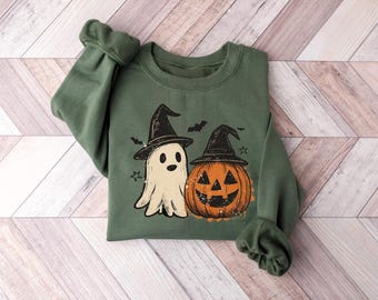 Halloween Ghost and  Pumpkin Sweatshirt: Fall Spooky Season Shirt, Witch Halloween Sweater