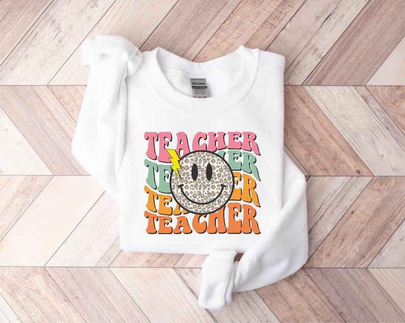 Smile Face Teacher Sweatshirt, Teach Shirt, Retro Teacher Sweatshirt, Cute Teacher Sweatshirt, Teacher Appreciation Gifts, New Teacher Gifts image 6