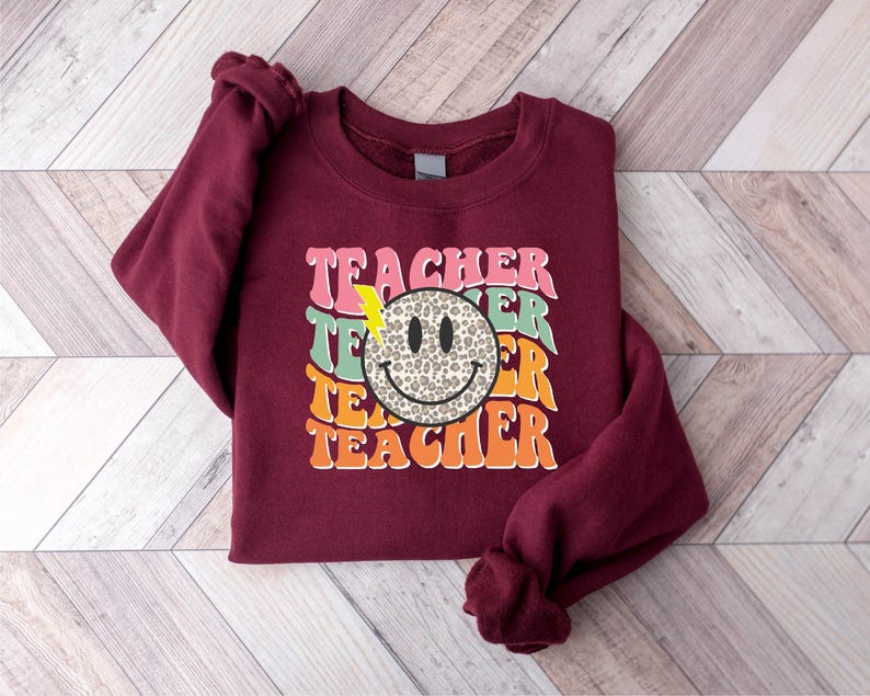 Smile Face Teacher Sweatshirt, Teach Shirt, Retro Teacher Sweatshirt, Cute Teacher Sweatshirt, Teacher Appreciation Gifts, New Teacher Gifts image 7