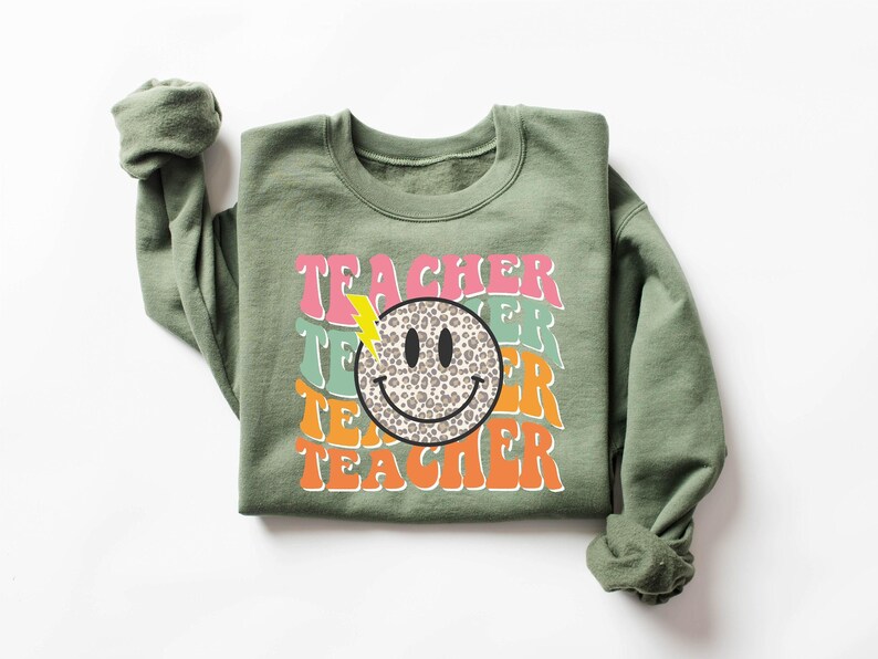 Smile Face Teacher Sweatshirt, Teach Shirt, Retro Teacher Sweatshirt, Cute Teacher Sweatshirt, Teacher Appreciation Gifts, New Teacher Gifts image 3