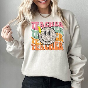 Smile Face Teacher Sweatshirt, Teach Shirt, Retro Teacher Sweatshirt, Cute Teacher Sweatshirt, Teacher Appreciation Gifts, New Teacher Gifts image 2