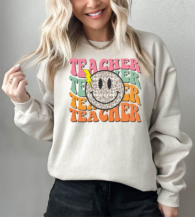 Smile Face Teacher Sweatshirt, Teach Shirt, Retro Teacher Sweatshirt, Cute Teacher Sweatshirt, Teacher Appreciation Gifts, New Teacher Gifts image 2
