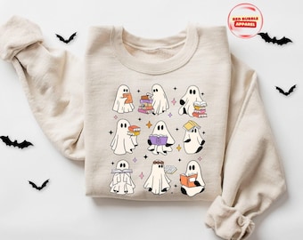 Ghost Reading Books Sweatshirt, Teacher Halloween Sweatshirt, Read More Books Sweatshirt, Bookish Halloween Shirt,Spooky Teacher Ghost Shirt
