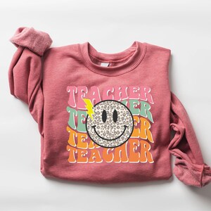 Smile Face Teacher Sweatshirt, Teach Shirt, Retro Teacher Sweatshirt, Cute Teacher Sweatshirt, Teacher Appreciation Gifts, New Teacher Gifts image 4