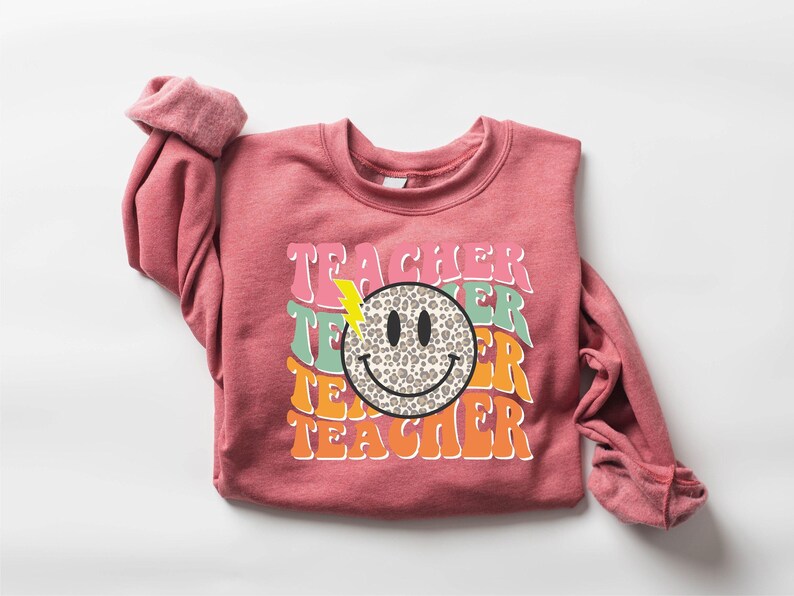 Smile Face Teacher Sweatshirt, Teach Shirt, Retro Teacher Sweatshirt, Cute Teacher Sweatshirt, Teacher Appreciation Gifts, New Teacher Gifts image 4