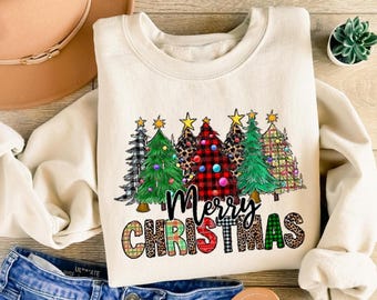 Cute Merry Christmas Tree Sweatshirt: Womens Christmas Sweater, Festive Holiday Gift