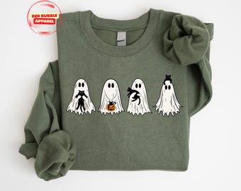 Ghost Cat Halloween Sweatshirt : Cute Cat Halloween Shirt, Womens Gift For Halloween