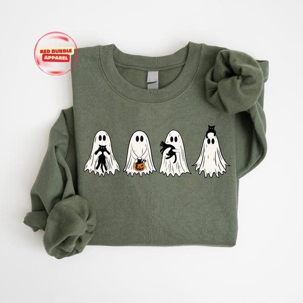 Ghost Cat Halloween Sweatshirt : Cute Cat Halloween Shirt, Womens Gift For Halloween