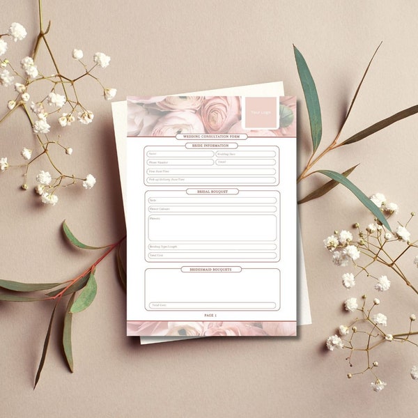 Floral Wedding Order Form Contract, Floral Order Form for Florists, Florist Order Form for Weddings, customizable, editable