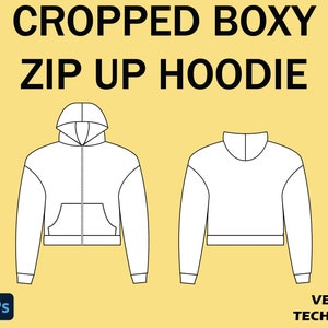 Streetwear, übergroß, abgeschnitten, Boxy Zip Up Hoodie, Sweatshirt, Tech Pack Vorlage, Mock Up Vorlage, für Illustrator, Photoshop