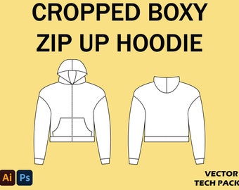 May include: Line drawing of a cropped boxy zip-up hoodie with a hood. The hoodie has a front pocket and long sleeves. The image is a technical drawing for a clothing design.