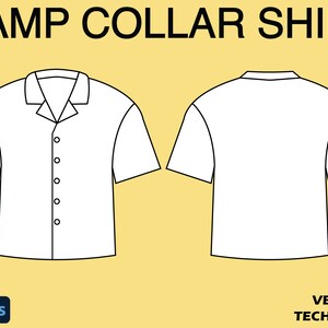 May include: A white camp collar shirt with a button-up front and short sleeves. The shirt is shown from the front and back. The image is labeled "CAMP COLLAR SHIRT" and "VECTOR TECH PACK".