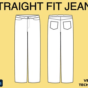 Streetwear, Straight Fit, Denim, Jeans, Tech Pack Template, Mock Up Template, For Illustrator, Photoshop