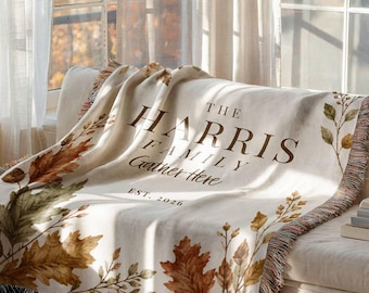 Personalized Fall Blanket, Custom Family Name Woven Throw, Autumn Home Decor, Gather Here Blanket, Housewarming Gift