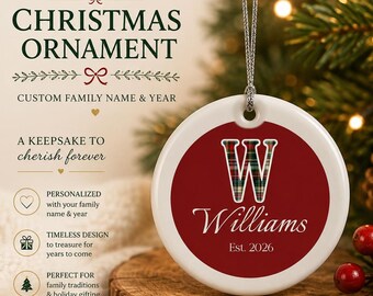 Personalized Initial Christmas Ornament | Family Xmas Ornament | Custom Family Name Ceramic Ornament | Plaid Holiday Keepsake