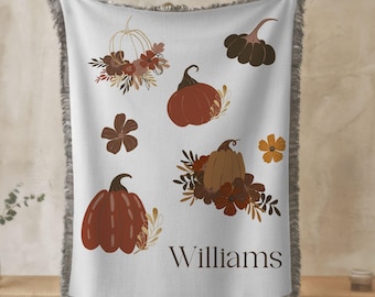 Personalized Fall Woven Blanket, Custom Family Name Throw, Autumn Pumpkin Home Decor, Thanksgiving Gift, Housewarming Present