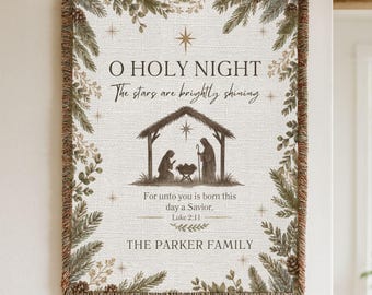 Personalized O Holy Night Woven Blanket, Christian Christmas Blanket, Nativity Throw Luke 2:11 Family Christmas Gift, Religious Home Decor
