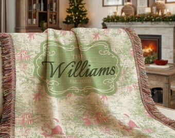 Personalized Family Christmas Blanket, Custom Last Name Woven Throw, Vintage Christmas Toile Heirloom Holiday Blanket