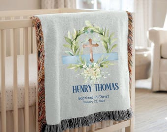 Personalized Woven Baptism Blanket, Christening Gift for Baby Boy, Keepsake Baby Blanket with Cross, Newborn Spiritual Gift