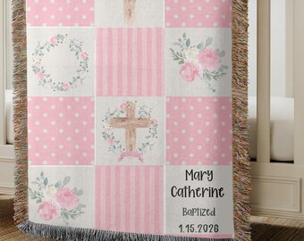 Personalized Baptism Baby Girl Blanket Baptism Christening Blanket, Woven Baby Blanket with Cross Baptism Baby Gift