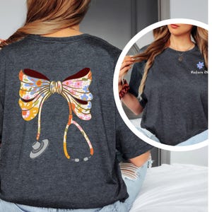 Custom Bow T-Shirt for RN Gift Nurse Coquette Tee Nurse Bow Ribbon Stethoscope Personalized Shirt RN Graduation Gift for CNA