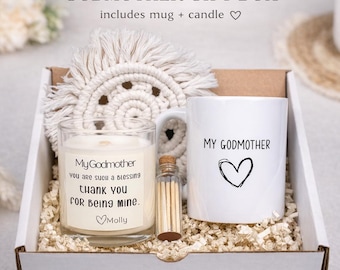 Caja de regalo para madrina, juego de taza y vela para madrina, regalo del Día de la Madre para madrina, regalo de agradecimiento para madrina, caja de regalo personalizada