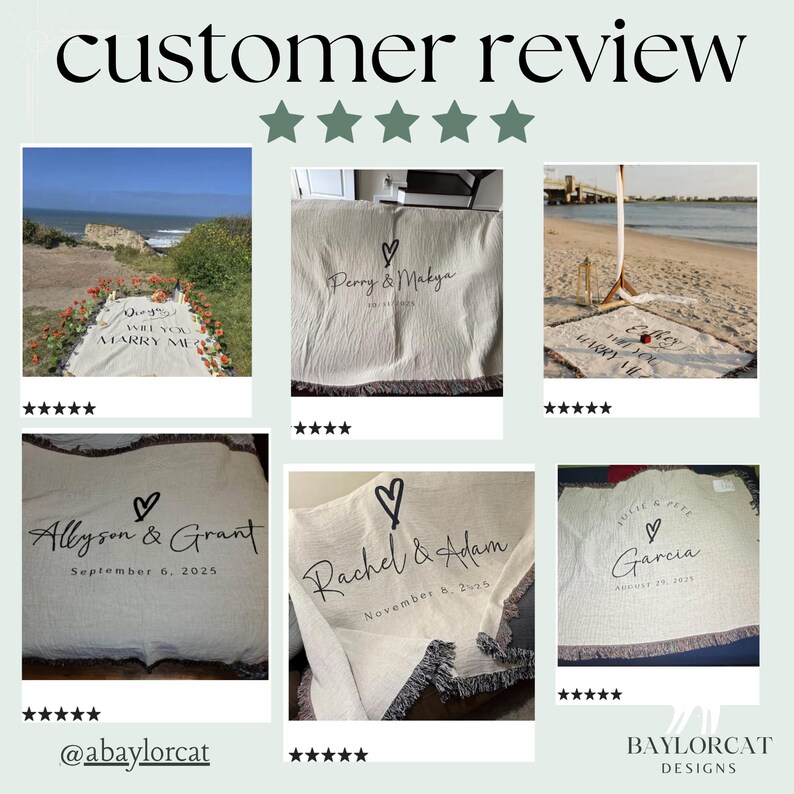 May include: Customer review image featuring several personalized blankets with names and dates. One blanket reads "Will you marry me?" Another displays "Perry & Makya." Other blankets show names like Allyson & Grant, Rachel & Adam, and Julie & Pete Garcia.
