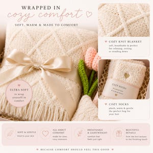 Promotional graphic highlighting the knit blanket and fuzzy socks included in the cozy gift box.