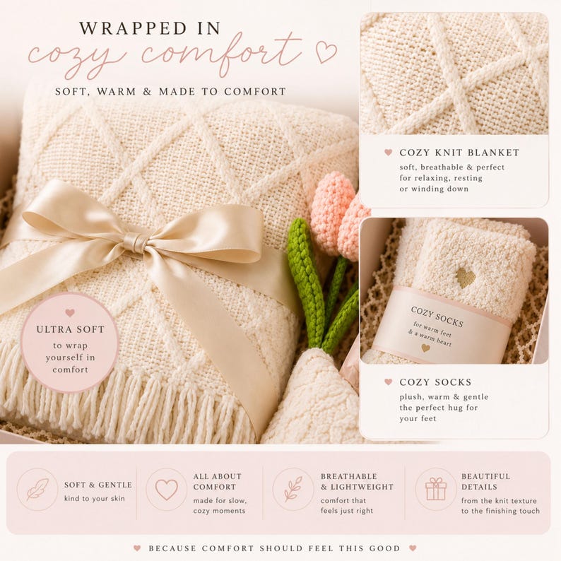 Promotional graphic highlighting the knit blanket and fuzzy socks included in the cozy gift box.