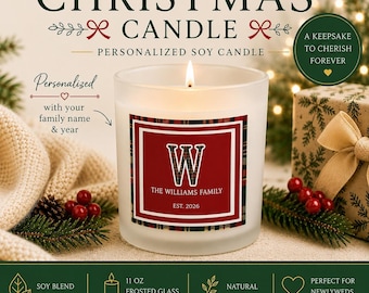 Personalized Family Name Christmas Candle | Custom Holiday Soy Candle | First Christmas Gift | Family Keepsake Gift