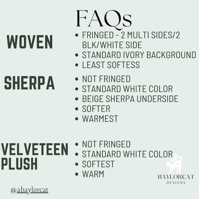 May include: An information graphic titled "FAQs" detailing fabric characteristics. Woven fabric is fringed with black/white sides. Sherpa is not fringed, with a beige underside. Velveteen Plush is the softest. The graphic includes the @abaylorcat and Baylorcat Designs logo.