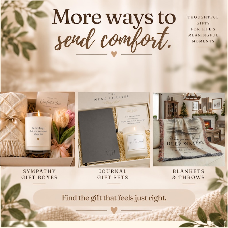 May include: A promotional graphic featuring three gift categories: sympathy gift boxes with a candle and blanket, journal gift sets with a notebook and candle, and blankets with text. The text reads: More ways to send comfort, The Next Chapter, and Find the gift that feels just right.
