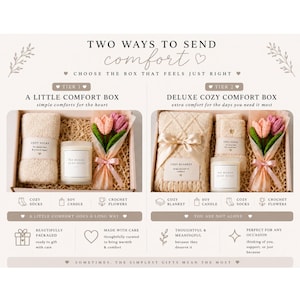 Comparison graphic showing the two tiers of gift boxes available, featuring a standard and deluxe comfort care package.