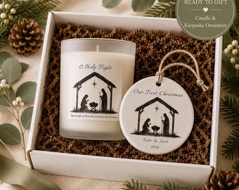 Personalized Christian Christmas Gift Set | Nativity Candle & Ornament | First Christmas Decor | O Holy Night Gift Basket