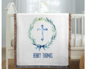 Personalized Baby Boy Baptism Blanket, Woven Cross Christening Gift with Name, Soft Spiritual Keepsake for Newborns and Baby Boy Gifts