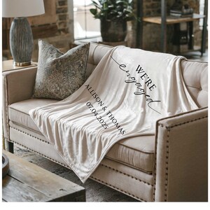 Personalized We’re Engaged Throw Blanket, Custom Engagement Photo Backdrop, Proposal gift, Keepsake Engagement Party Decor