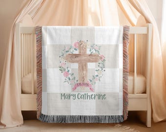 Personalized Baptism Baby Blanket, Baptism Christening Woven Throw with Cross, Baptism Baby Gift, Custom Shower Gift