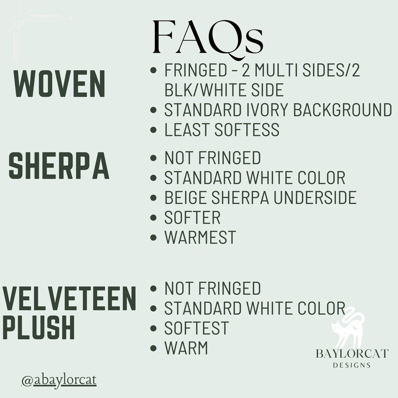 May include: An informational graphic with the title "FAQs" lists details about woven, sherpa, and velveteen plush fabrics. The text describes features like fringing, color, and softness. The Baylorcat Designs logo is in the bottom right corner.