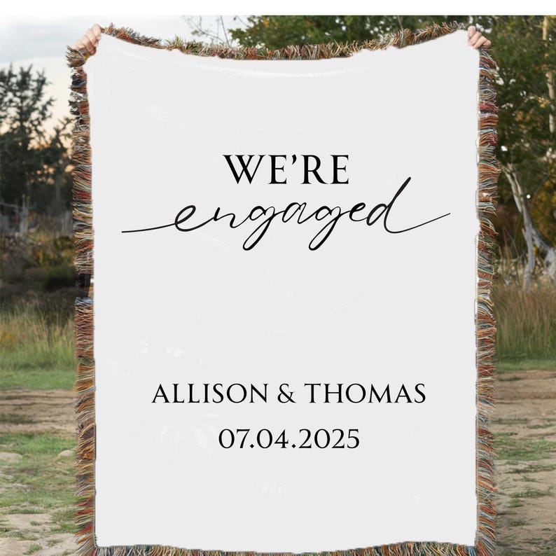 Personalized We’re Engaged Throw Blanket, Custom Engagement Photo Backdrop, Proposal gift, Keepsake Engagement Party Decor