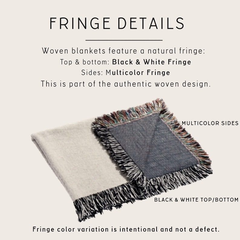 May include: Two woven blankets with fringe details. One blanket is folded, showing a cream-colored surface with black and white fringe. The other blanket is unfolded, displaying a gray surface with a multicolor fringe on the sides and black and white fringe on the top and bottom.