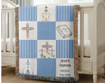 Personalized Woven Baptism Blanket with Cross | Christening Keepsake Gift for Baby Boy | Spiritual Baby Shower Gift