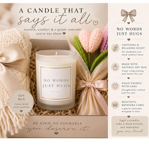 Promotional graphic highlighting the scented soy candle and crochet flower bouquet included in the comfort gift box.