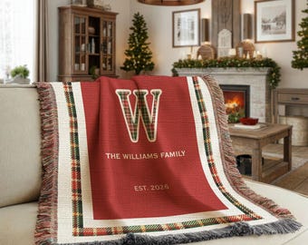 Personalized Christmas Family Blanket | Custom Monogram Woven Throw | First Christmas Married Gift | Plaid Heirloom Holiday Throw