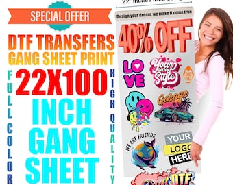Custom DTF Gang Sheet Ready to Press, Full Color Heat Transfers for Shirts Hoodies, No Minimum, Fast Turnaround, Durable Vibrant Full Color