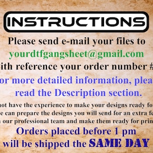 May include: A tan-colored background with the word "INSTRUCTIONS" in a black and white box. Text includes an email address, and information about order details and shipping times. The text is in black, green, and blue.