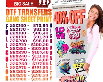 Custom DTF Gang Sheet Ready to Press, Full Color Heat Transfers for Shirts Hoodies, No Minimum, Fast Turnaround, Durable Vibrant Full Color