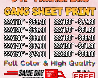 Custom DTF Gang Sheet Ready to Press, Full Color Heat Transfers for Shirts Hoodies, No Minimum, Fast Turnaround, Durable Vibrant Full Color